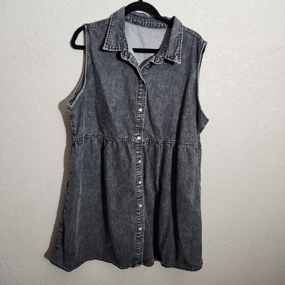Denim Dress Sleeveless Gray Acid Wash Denim Button-Up Tunic Tiered Skirt Design - Picture 1 of 13